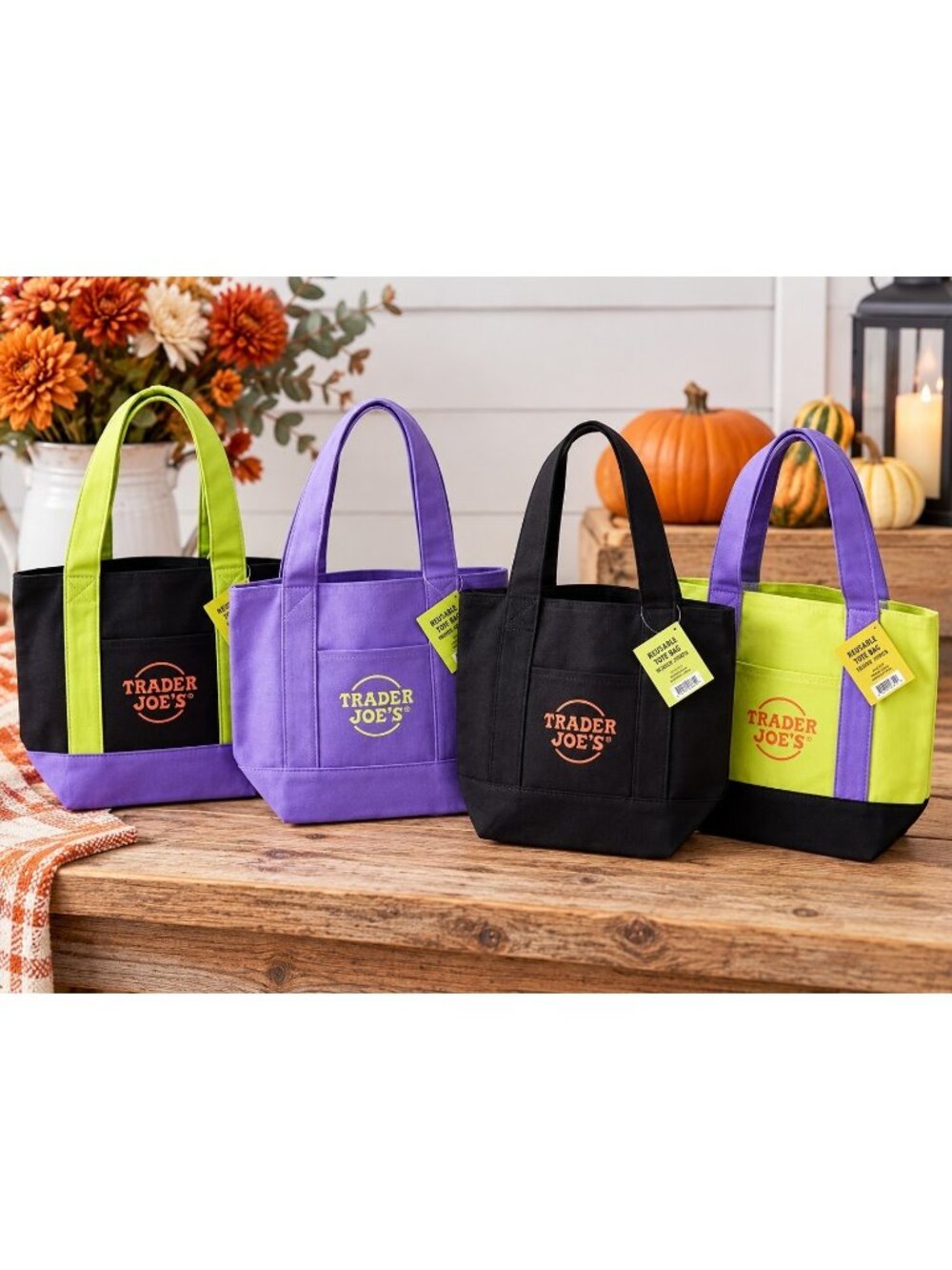 Trader Joe's Halloween Mini Canvas Tote Bags Set of 4 Black Purple Green NEW